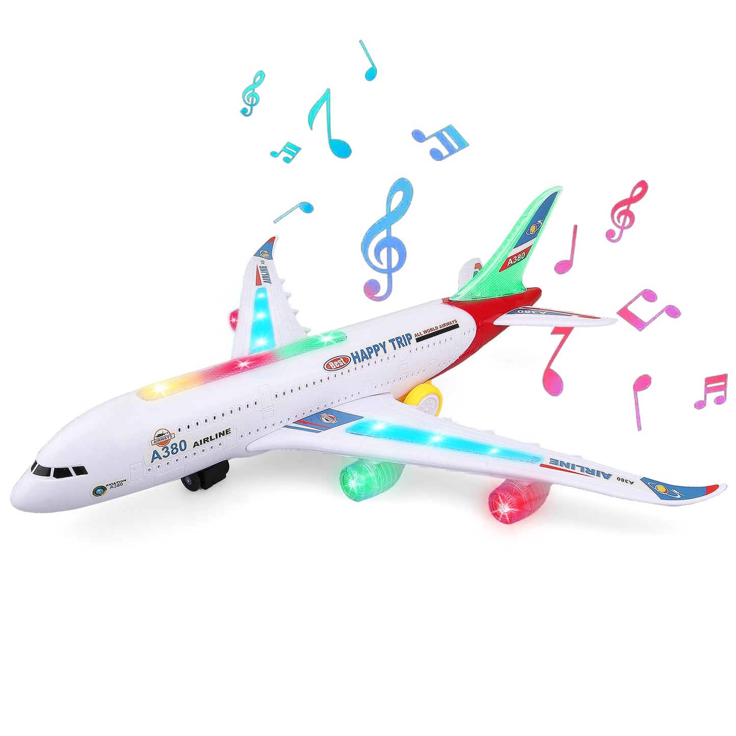 AtomDream Tech Bump and Go Airplane Toy with 4D Lights & Sounds, Realistic Moving Plane with Automatic Direction Change, Interactive Aircraft Toy for Boys & Girls Ages 3–12, (Red)