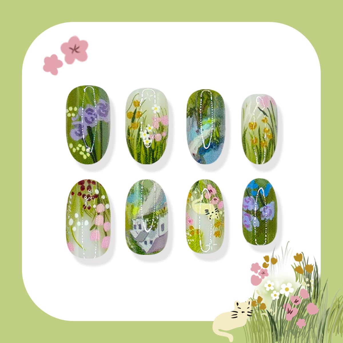 Short Press on Nails Oval - Green with Flower Design, Oil Painting Style Full Cover Glossy Fake Nails 24PCS for Women Manicure