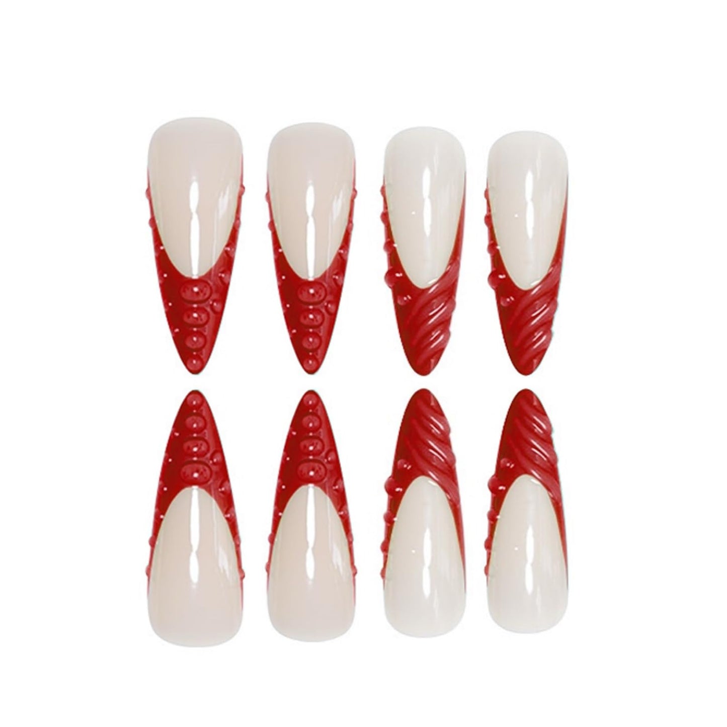 Long Press on Nails Stiletto Fake Nails Red French Artificial Nails with 3D Water Droplets Designs Extra Long Glossy Cute Stick on Nail for Women 24pcs