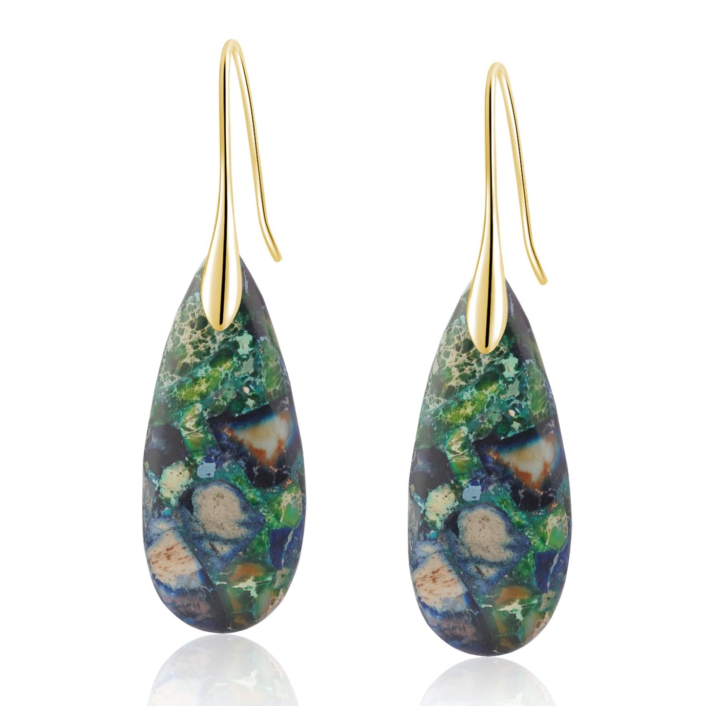 Sriomu Natural Healing Stone Fishhoop Dangle Drop Earrings Statement Gold silver earrings (Green Blue Gold Hook)
