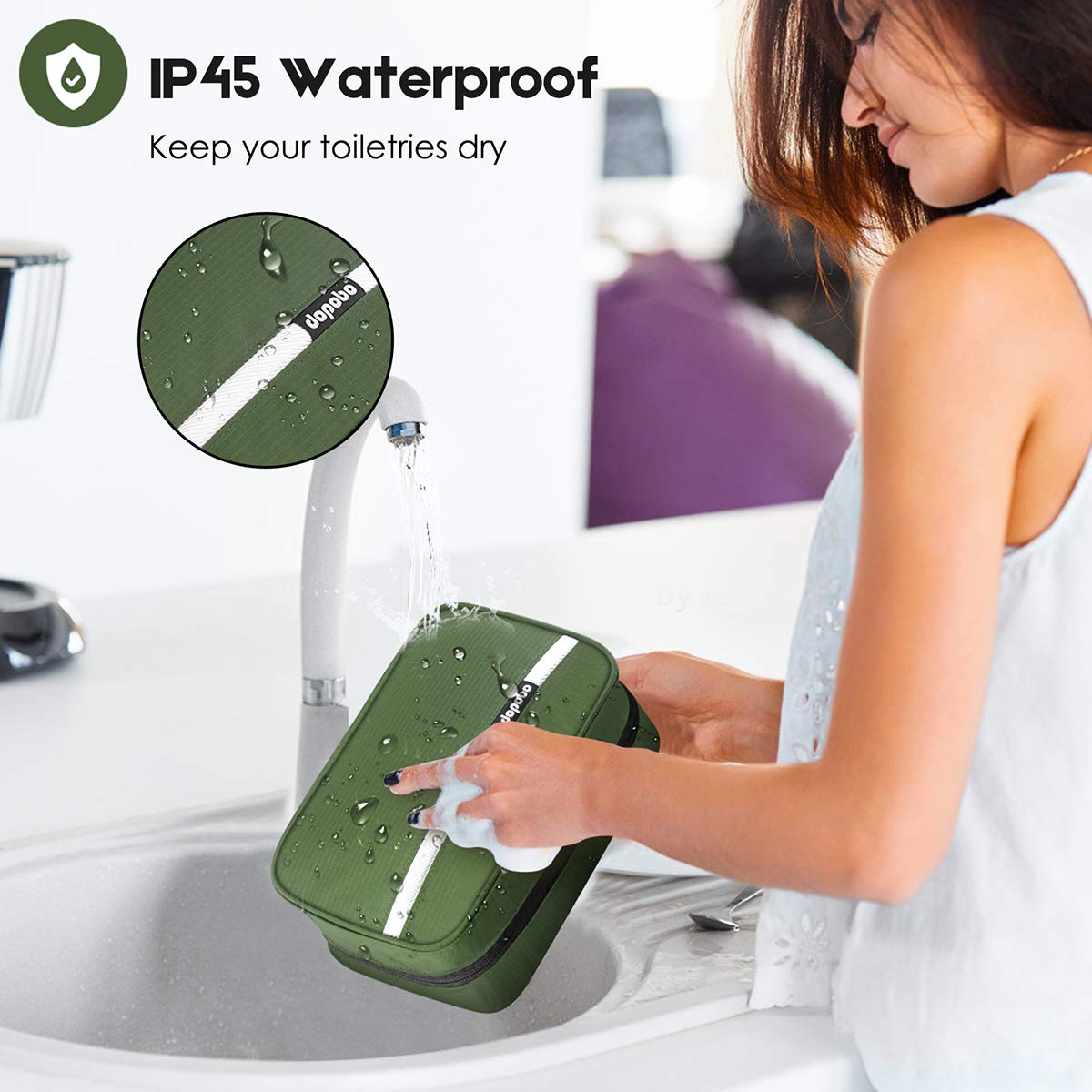 dopobo Travel Toiletry Bag, Dopp Kit Waterproof Makeup Bag Shaving Bag with Hanging Hook, Portable Toiletry Organizer for Traveling and Camping (Army Green)