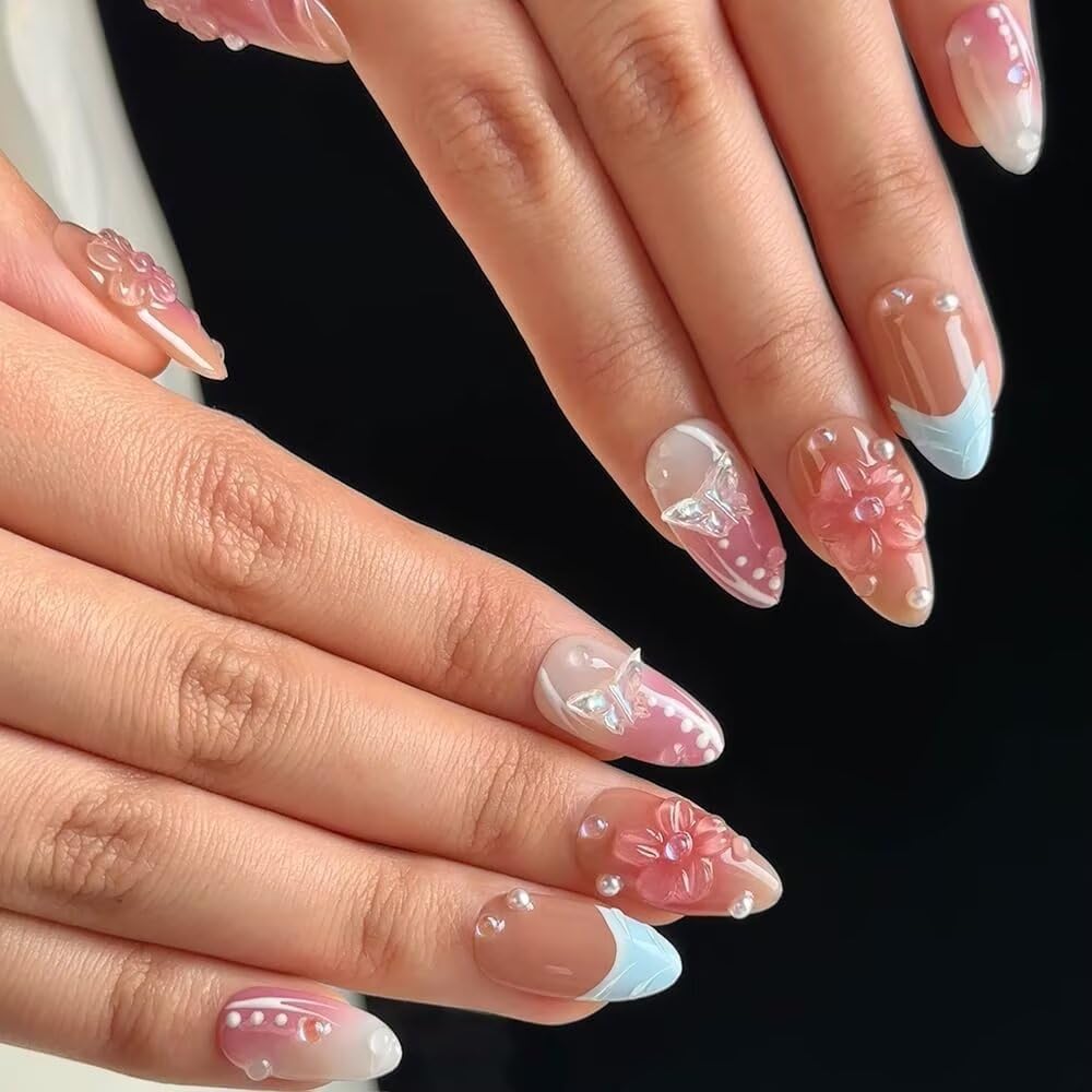 Press On Nails,Luxury Medium Almond 3D False Nails Women Reusable ABS Material Finger Printed Nail Tip French Salon Design-Medium size