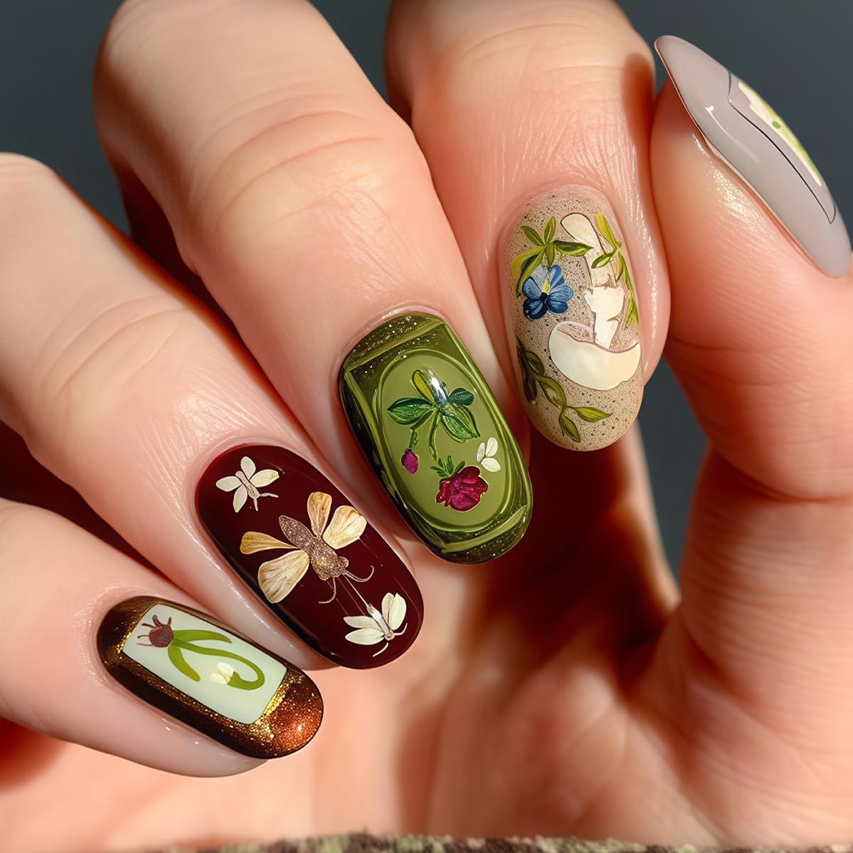 Short Oval Press on Nails - Dragonfly, Flower & Botanical Oil Painting Design, Full Cover Glossy Fake Nails 24PCS for Women Manicure