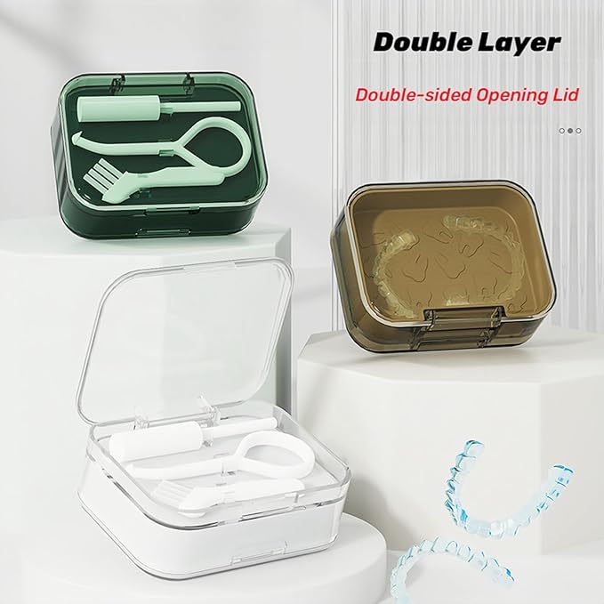 Retainer and Aligner Case - Double Layer with Double Sided Opening Lid, Mouthguard & Night Guard Storage Cleaning Case, with Removal Tool, Brush and Chewer (White)