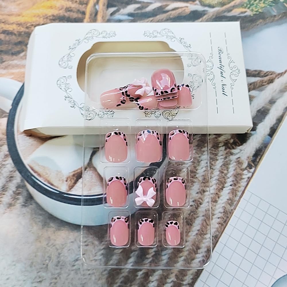 24Pcs Square Press on Nails Short French Tip Fake Nails with Glue Pink Leopard Print Bow False Nails Design Glossy Holiday Cute Acrylic Reusable Stick on Nails for Women Nail Decor