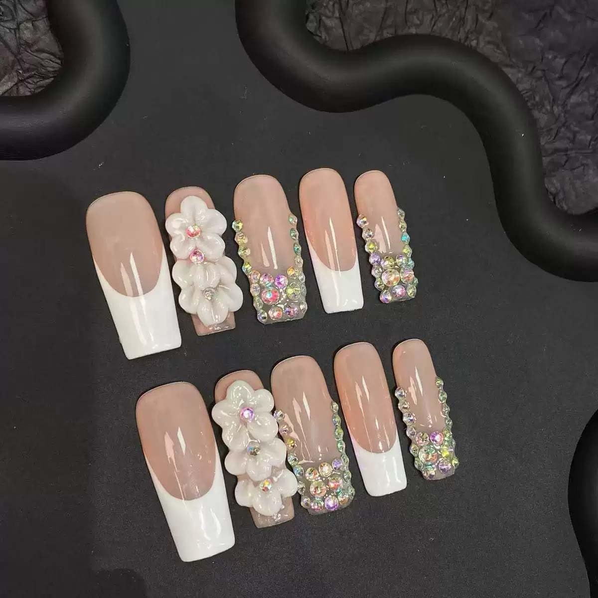 10Pcs Press On Nails Handmade Nails Long Square Fake Nails 3D Flower With Rhinestone Design French Tip False Nails Full Cover Acrylic Reusable Stick On Nail For Women(SIZE:S)