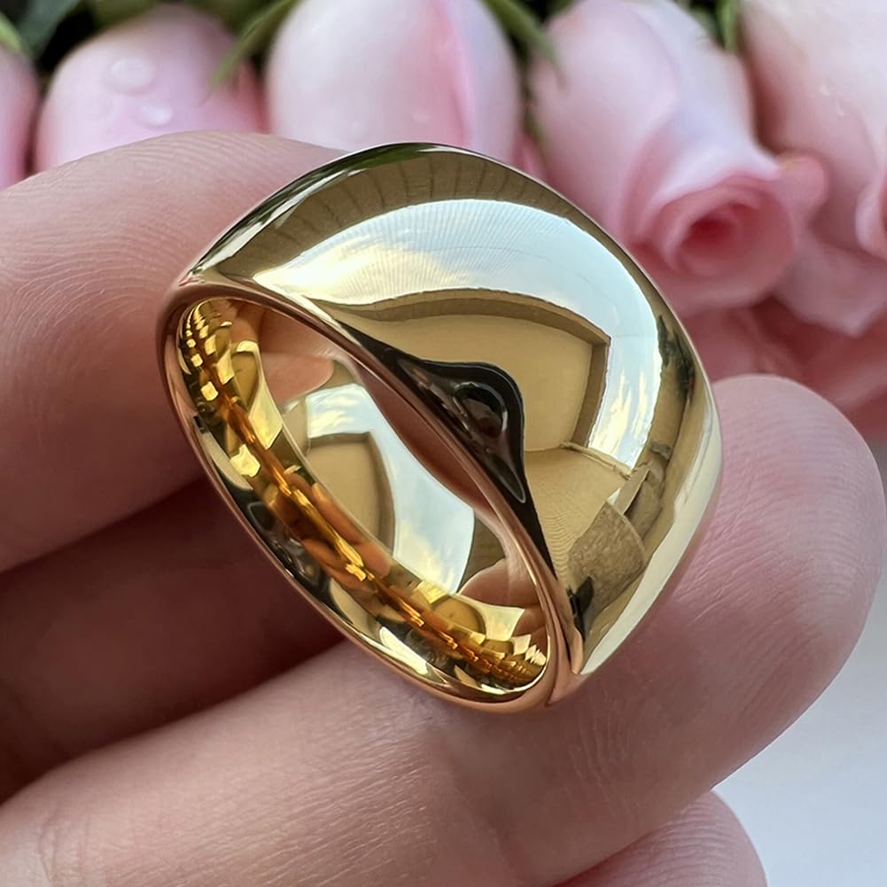 TUTISS 10mm Gold Tungsten Rings for Men Women Engagement Wedding Bands Domed Polished Comfort Fit Size 13