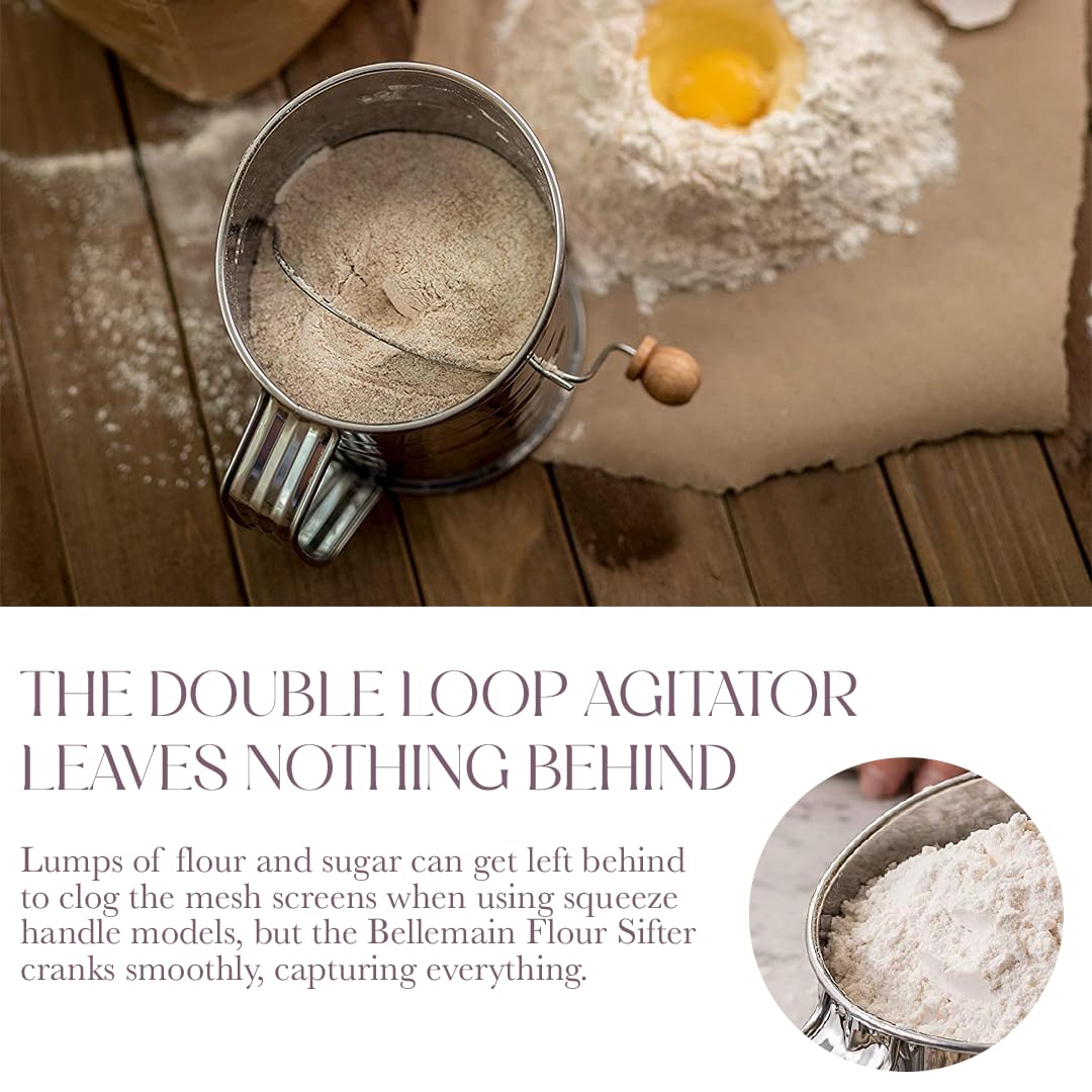 Bellemain 5 Cup Flour Sifter for Baking Fine Mesh Rotary Hand Crank with Loop Agitator for Quick Sifting, Flour Sifter Stainlees Steel