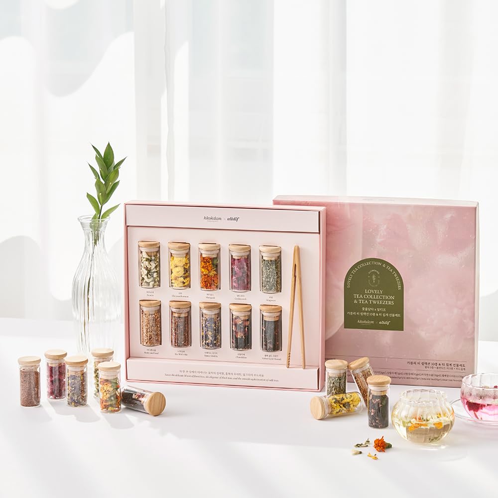 KKOKDAM Premium 10-Tea Sampler Gift Set with Wooden Tweezers – 5 Blooming Flower & 5 Blended Loose Leaf Teas – Unique Korean Gift Box for Women, Mom & Tea Lovers – 1.68oz Variety Pack