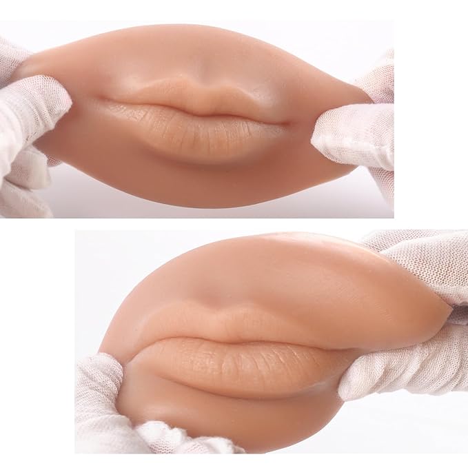 3D Silicone Fake Lips Large with Lipstick for Makeup Tattoo Practice Realistic Artificial Lip Mannequin for Beginners Artists (Sausage Shaped Lip,Tan)