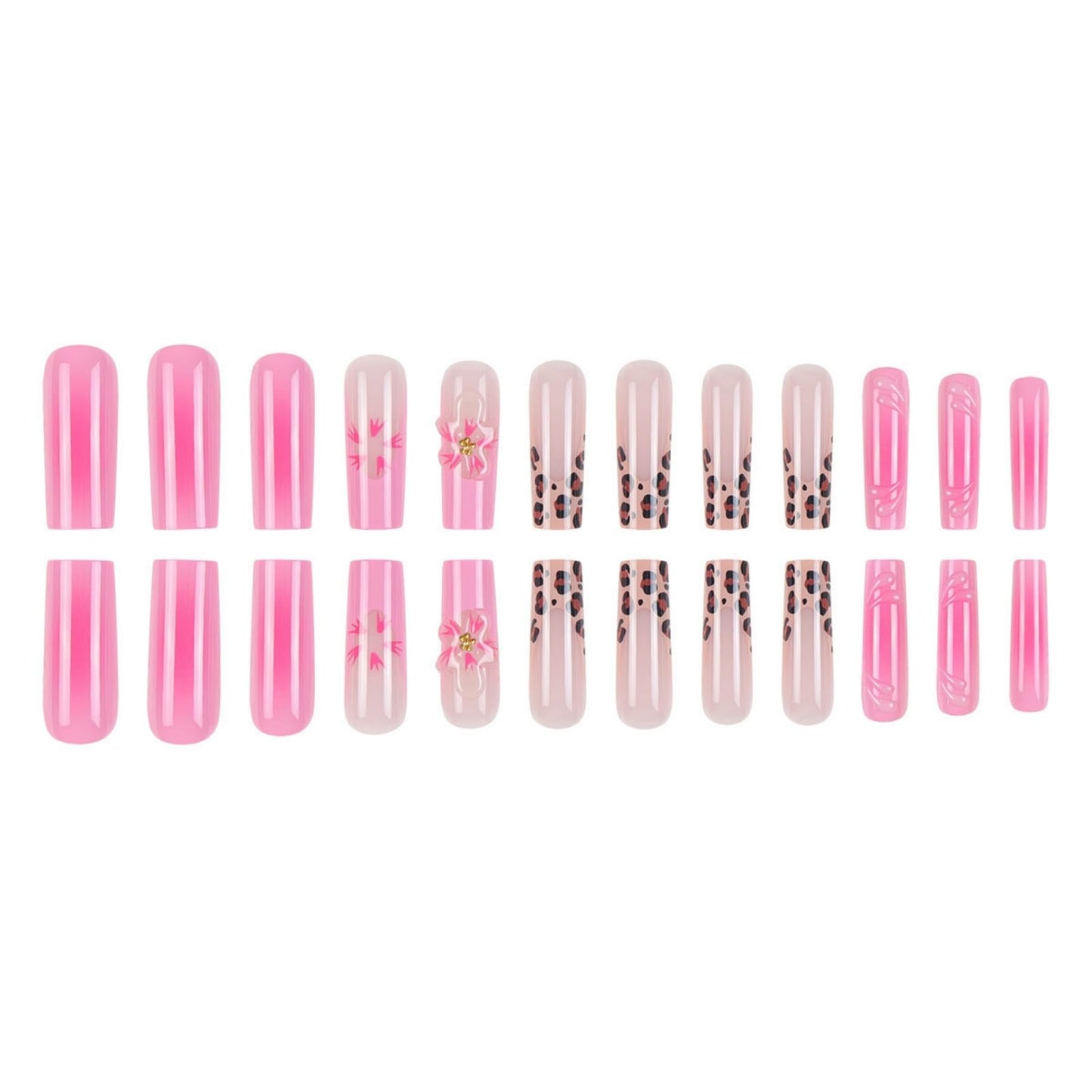 Long Press on Nails Square Fake Nails French False Nails Pink Artificial Nails with Flowers and Leopard Designs Cute Stick on Nails for Women 24pcs