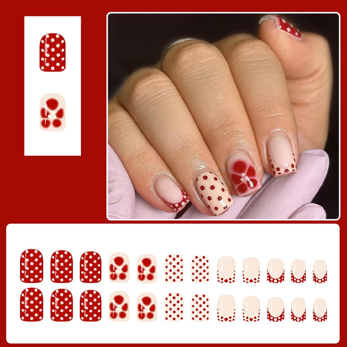 Winter Fall Press on Nails Short Square,Orange Brown Dots Fake Nails Press ons Polka Dot Glue on Nails Full Cover False Nails with Red Flower Design Stick on Nail for Women 24 Pcs