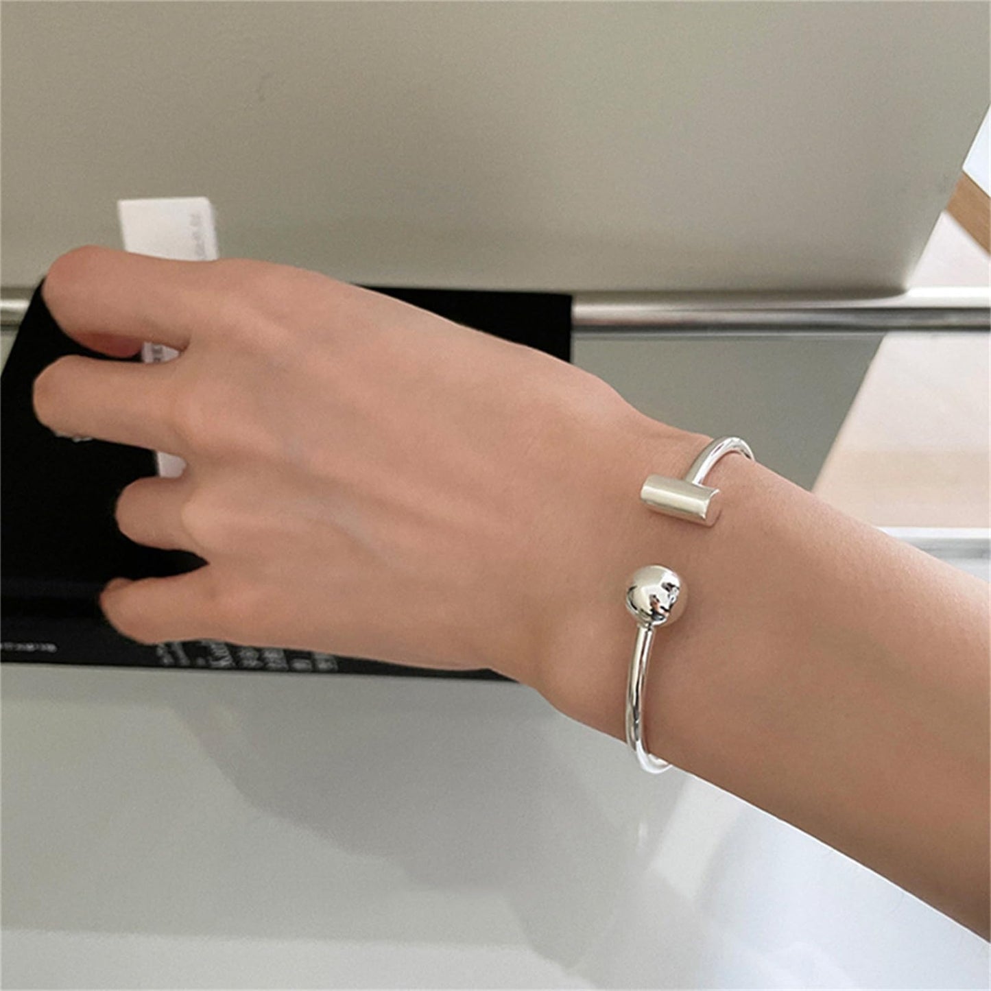 Handmade 925 Sterling Silver Bangle Bracelets For Women T-Shaped Open Cuff Bangles Simple Silver Bangle Bracelets Open Adjustable Bangles For Women Stackable Minimalist Bangle Jewelry Gifts For Women