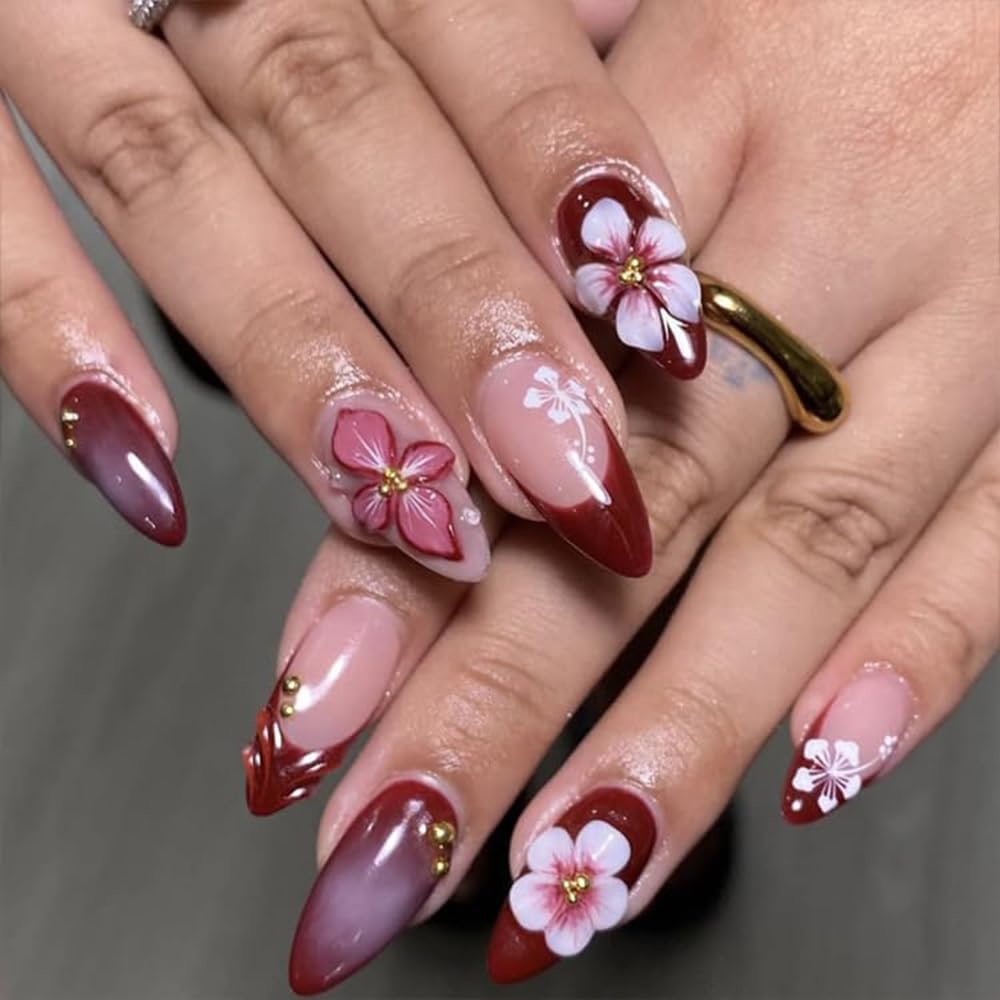 French Press on Nails Medium Almond Fake Nails 3D Flower Nail Press ons with Gold Pearl Gradient Designs Spring Summer False Nails Red Full Cover Glue on Nail for Women Manicure