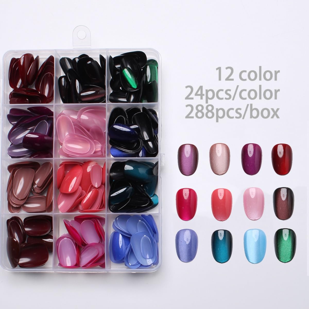 288Pcs Cat Eye Press on Nails Short Almond Fake Nails 12 Color Glitter False Nails Shiny Acrylic Glossy Glue on Nails Gradient Stick on Nail for Women Manicure