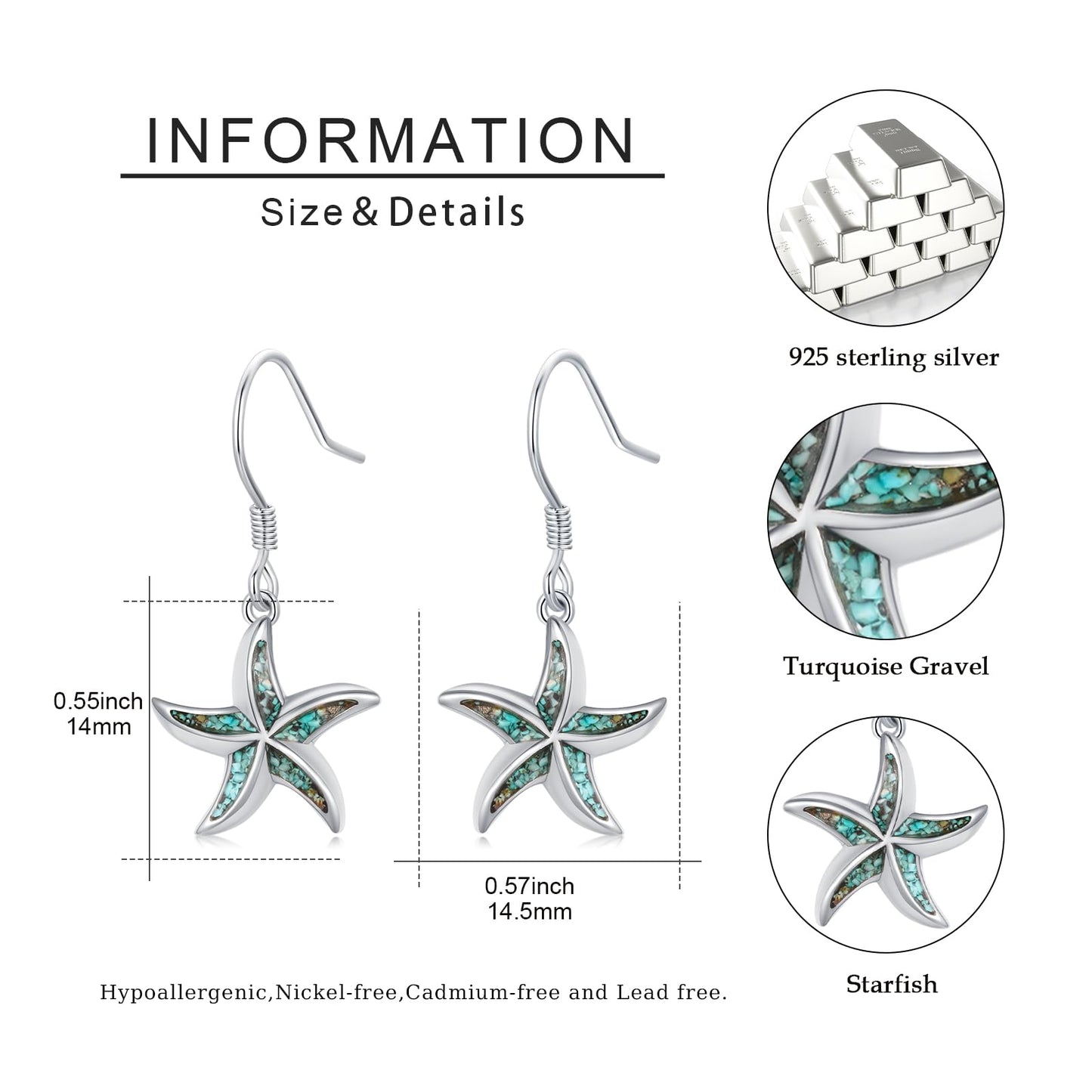 Starfish Earrings 925 Sterling Silver Turquoise Starfish Dangle Drop Earrings Summer Beach Themed Jewelry Ocean Gifts for Women