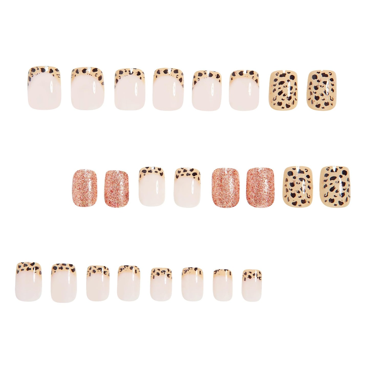 CTTHNBD Press on Nails Square - Short Fake Nails with Leopard Print Design - Glitter, French Tip False Nails Press ons - for Women 24 Pcs