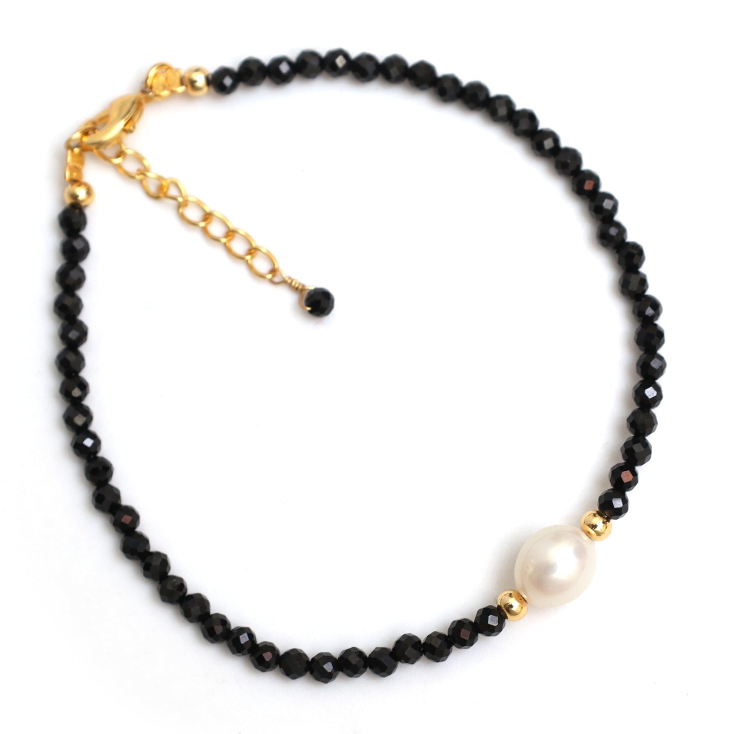 Gempires Black Spinel Beaded Bracelet with Pearl, Handcrafted Fresh Pearl and Gemstone Beads Adjustable Bracelet in 14k Hypoallergenic Gold Plated, Gift for Her (7.5 + 1 Inch Extender)