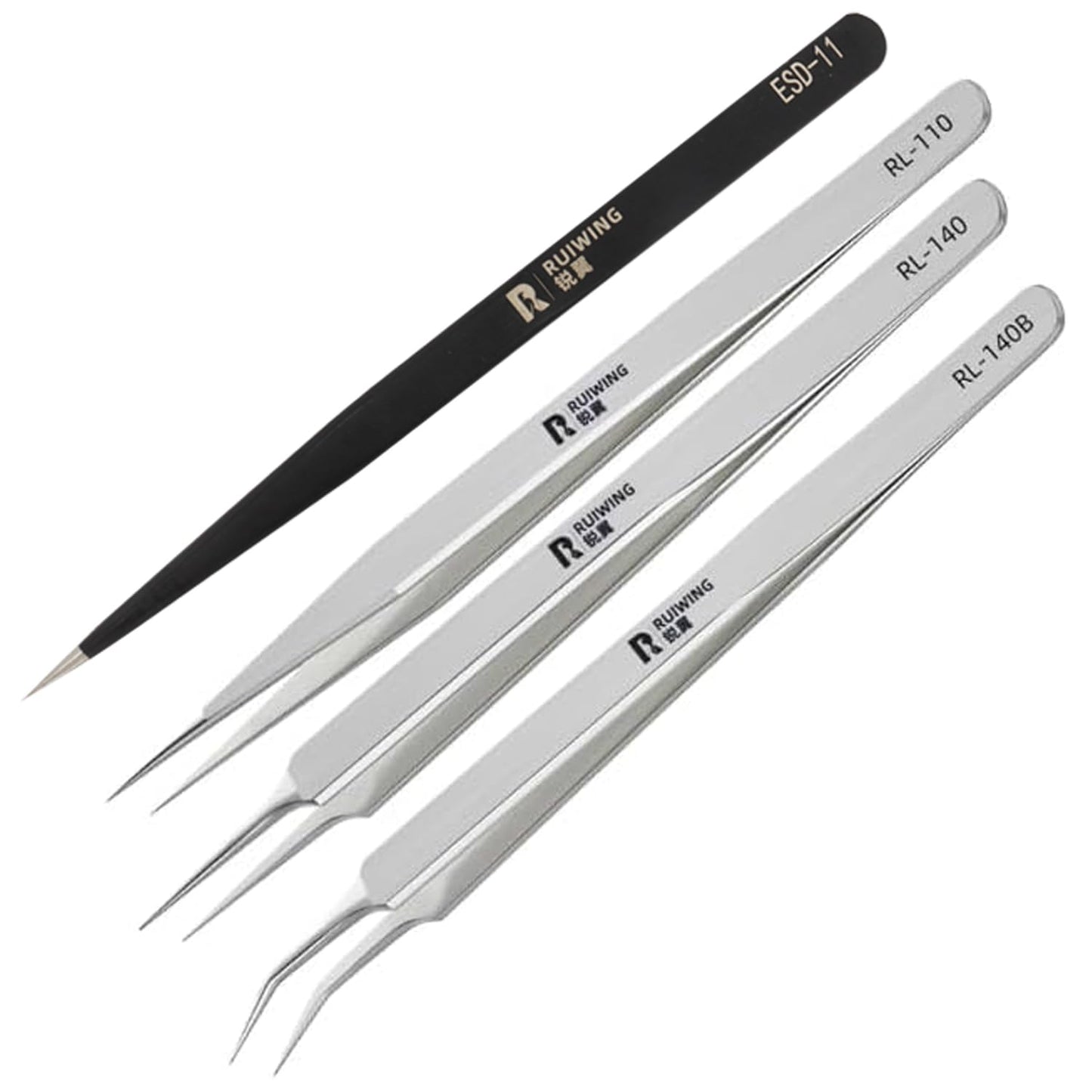 4 Pcs Precision Stainless Steel Tweezers Set, Extra-Long & Thick RL Tweezers, Straight Curved Tips, for Electronics, Jewelry, Crafts, Labs & DIY Repairs, Precision Tools