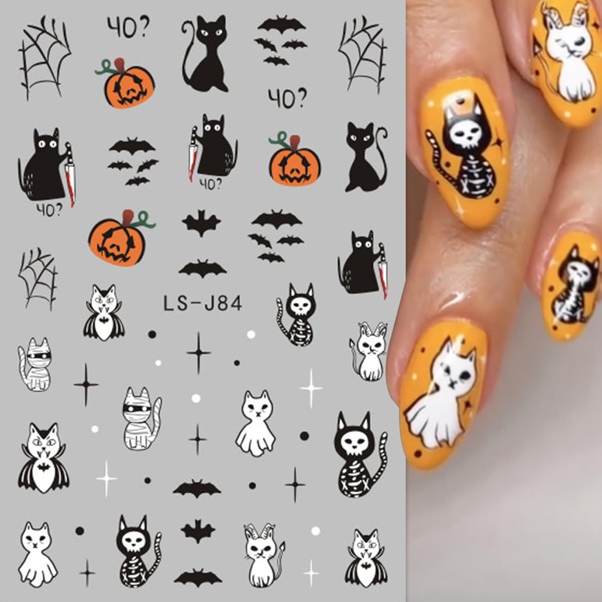 LRKNNO Halloween 3D Nail Stickers, Paper Decals for Women, Ghost, Skull, Pumpkin, Spider, Cat, 6 Sheets