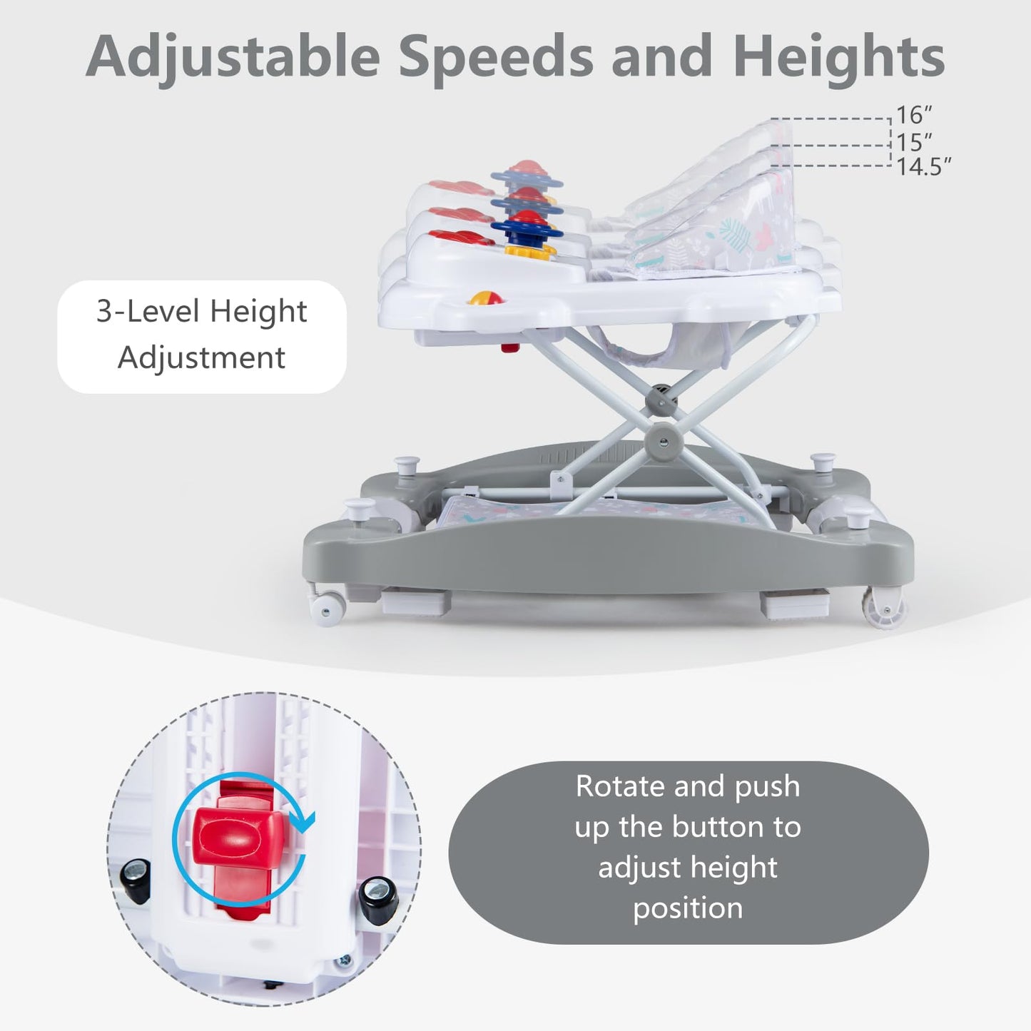 INFANS Baby Walker, 5 in 1 Behind Walker Learning Seated Rocker Bouncer with Removable Music Tray, Adjustable Height, Washable Seat Cushion, Foldable Activity Center for Toddlers (Light Gray)