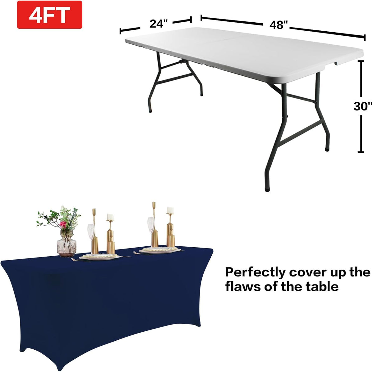 IVAPUPU 2 Pack 4FT Table Cloth for Rectangular Fitted Events Stretch Jean Blue Table Covers Washable Cover Spandex Tablecloth Protector for Party, Wedding, Cocktail, Banquet, Festival
