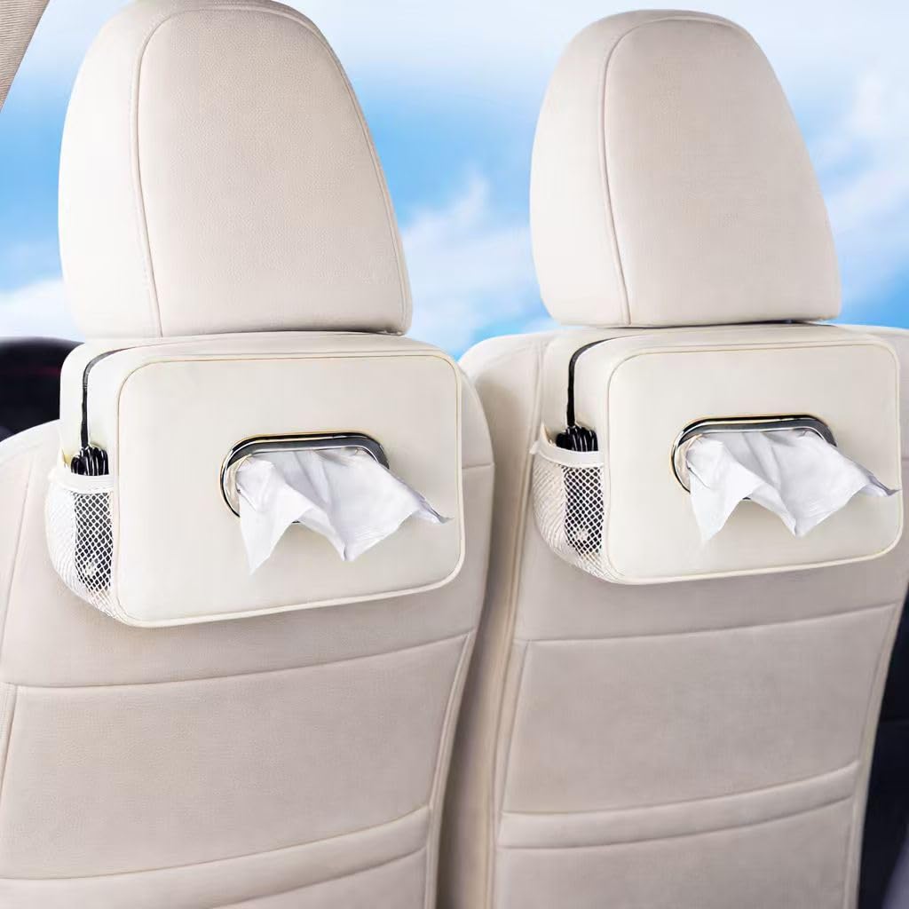 2 Pack Multi-Functional Car Tissue Holder with ‌2 Tuck Nets, Upgraded PU Leather Tissue Box Cover, Large Rectangle Napkin Storage Organizer, Keep Car Tidy, Beige