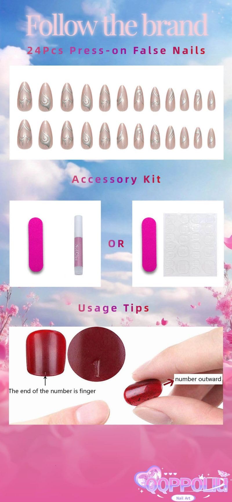QQPPOLIU Nude Press on Nails Almond Shape Fake Nails Medium False Nails with Striped Design Cute Full Cover Nails 24Pcs