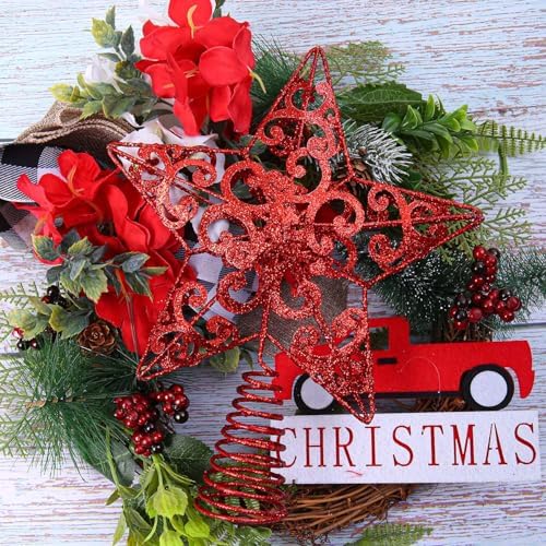 Aneco 10 Inches Metal Glittered Christmas Tree Topper Star Treetop Decoration for Christmas Home Decor, Red