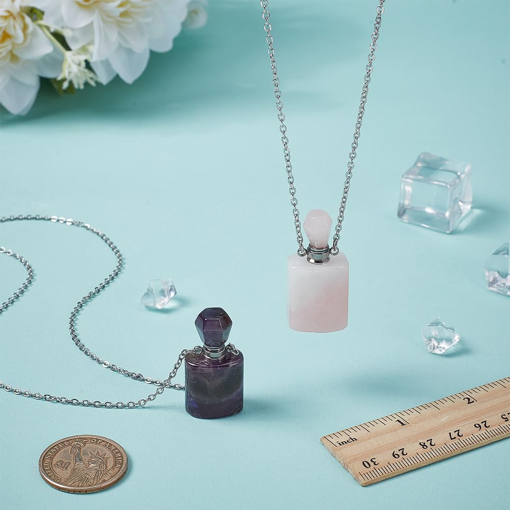 FINGERINSPIRE 2 Pcs Natural Healing Stone Essential Oil Diffuser Perfume Bottle Pendant Necklace 2 Styles Rose Quartz & Amethyst Perfume Bottle with Stainless Steel Chain for Aromatherapy Lovers