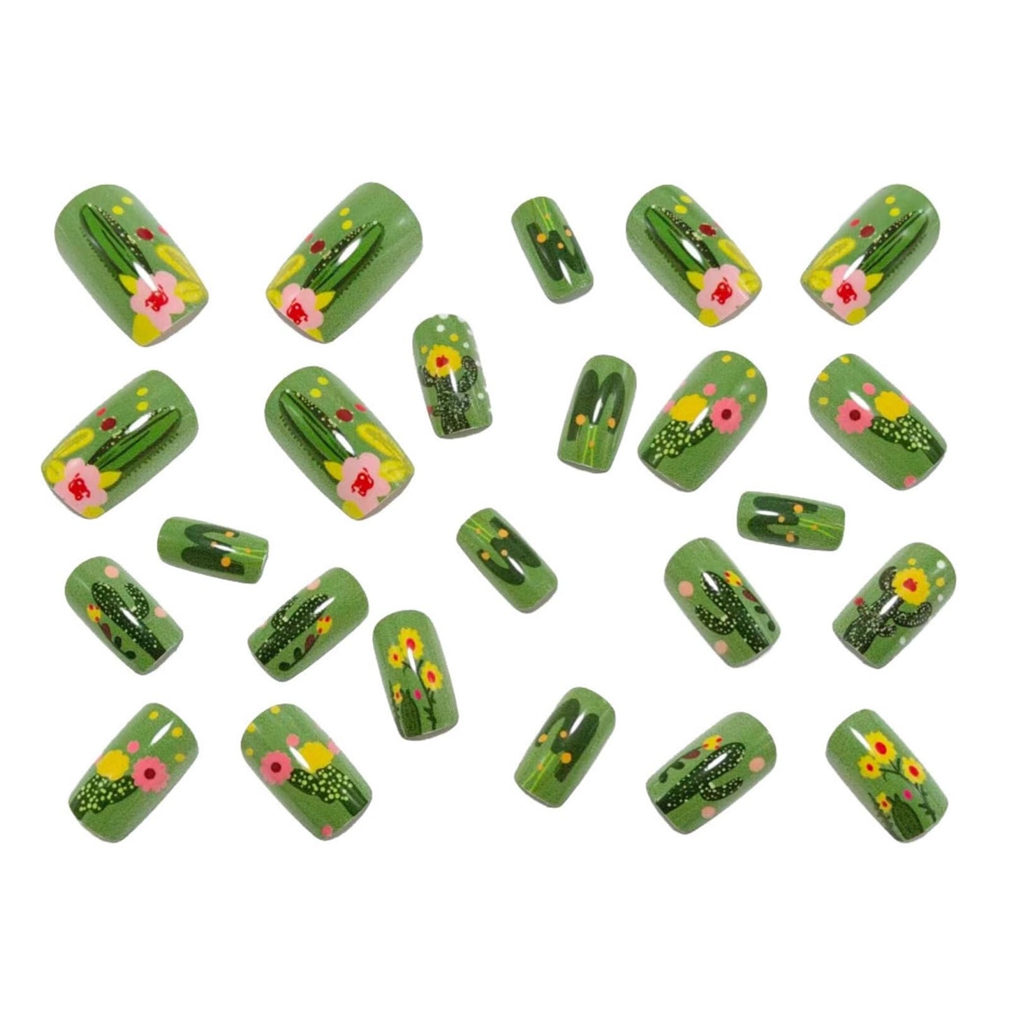 Short Rectangle Press on Nails Light Mint Green Base Dark Green Cactus Motifs Pink Stick on Nails Yellow Flower Glitter Dots Manicure Artificial Nails Suitable for Cute Fresh Unique Charming 24 Pcs