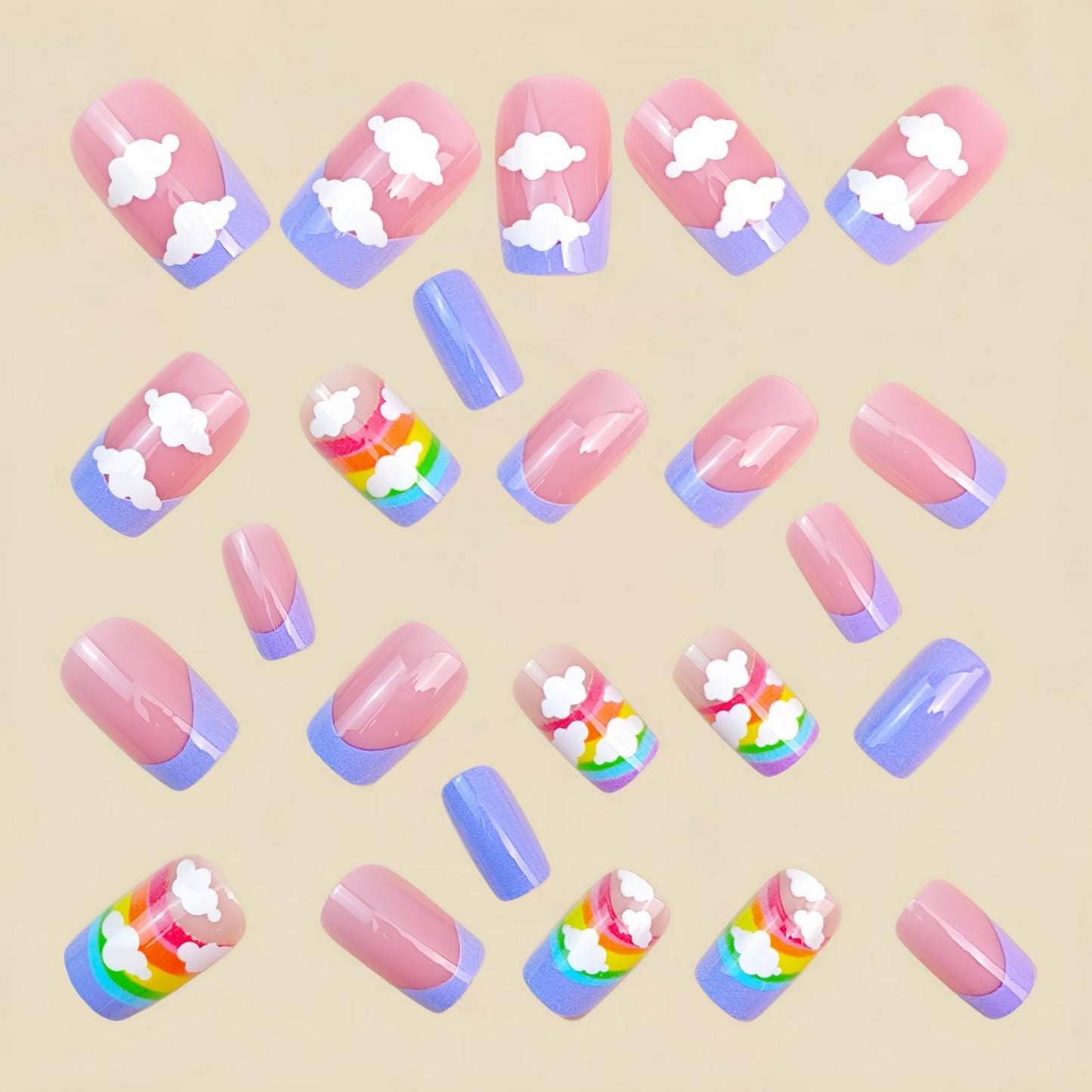 24pcs Colorful Press on Nail Medium Length Square Fake Nails Purple French Tip Press ones with Cloud Rainbow designs Stick on Nail Glossy Full Cover Cute Glue on Nails for Women Summer
