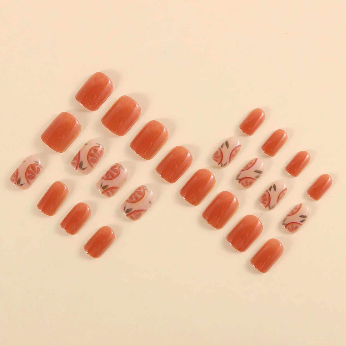 BABALAL Press On Nails, Short Square Fake Nails, Orange Summer, Fruit Pattern,Glossy Full Cover Glue On Nails For Women And Girls 24Pcs