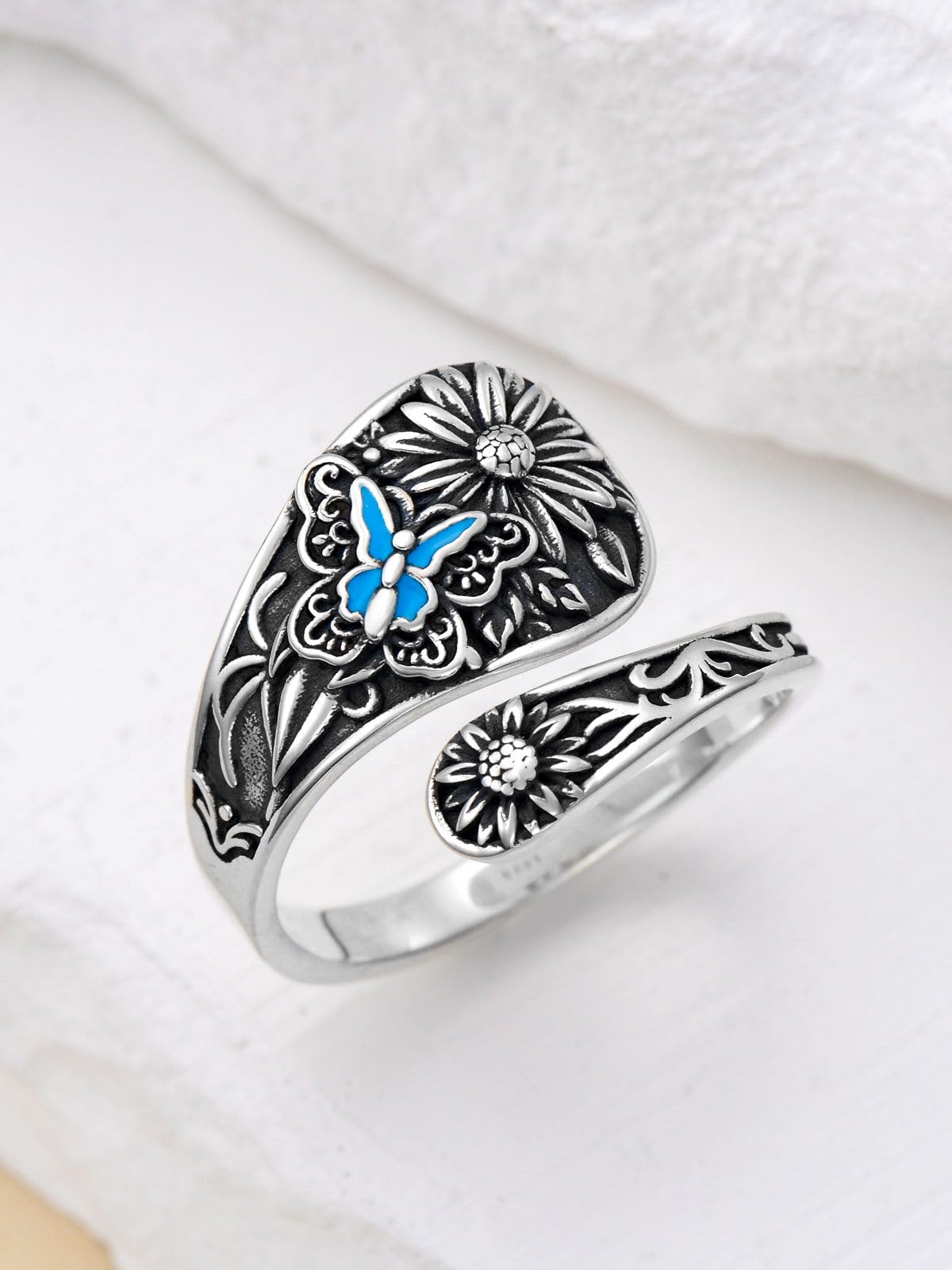 Midari Butterfly Sunflower Spoon Rings 925 Sterling Silver Butterfly Ring Sunflower Ring for Women Adjustable Thumb Spoon Ring Vintage Finger Open Spoon Rings for Women Daughters