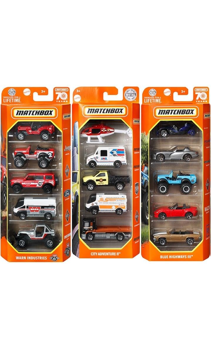 Matchbox Set of 15 Toy Cars and Trucks with 3 Themed 5-Packs of 1:64 Scale Die-Cast Vehicles (Styles Will Vary) Bundle