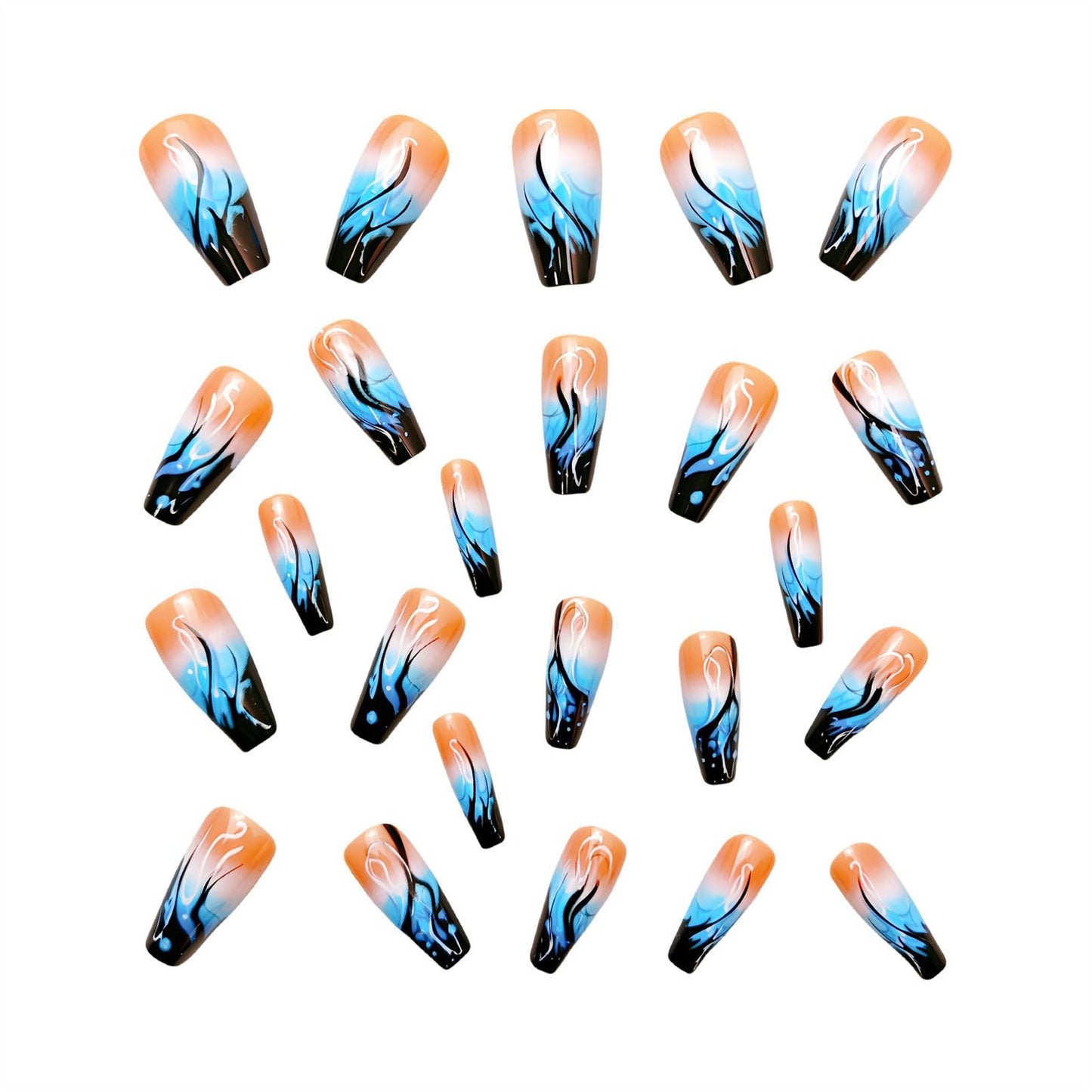 SINHOT Coffin Press on Nails - Long Fake Nails, Glossy Finish, Black Flame & Blue Gradient, DIY Artificial False Nail Art - 24 Pcs Nail Kit with Glue