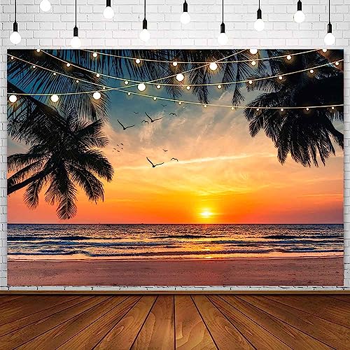 Sensfun Sea Beach Sunset Backdrop Hawaii Tropical Palm Trees Luau Party Photography Background Summer Seaside Vacation Wedding Birthday Baby Shower Party Decorations Banner Photo Booth Props 10x7ft - size: 10x7ft