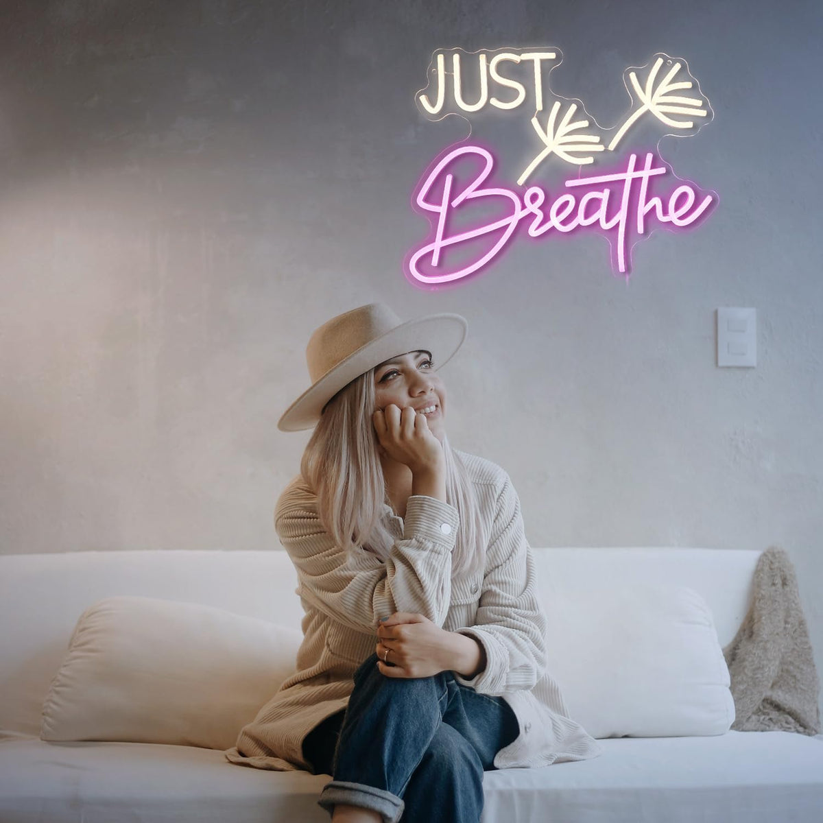 Just Breathe Neon Sign Dimmable Breathe Neon Signs Light Up Sign for Wall Decor LED Letters Neon Light by USB for Bedroom Yoga Studio Gym Reading Room(12.6 * 16.5In)