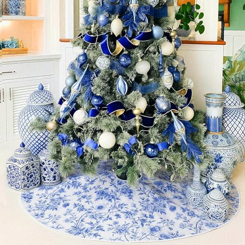 Blueweenly Blue and White Chinoiserie Christmas Tree Skirt 48 Inch Vintage Retro Chinoiserie Fabric Tree Skirt Cover Mat Farmhouse Decor for Xmas Holiday Party Decorations Indoor Outdoor
