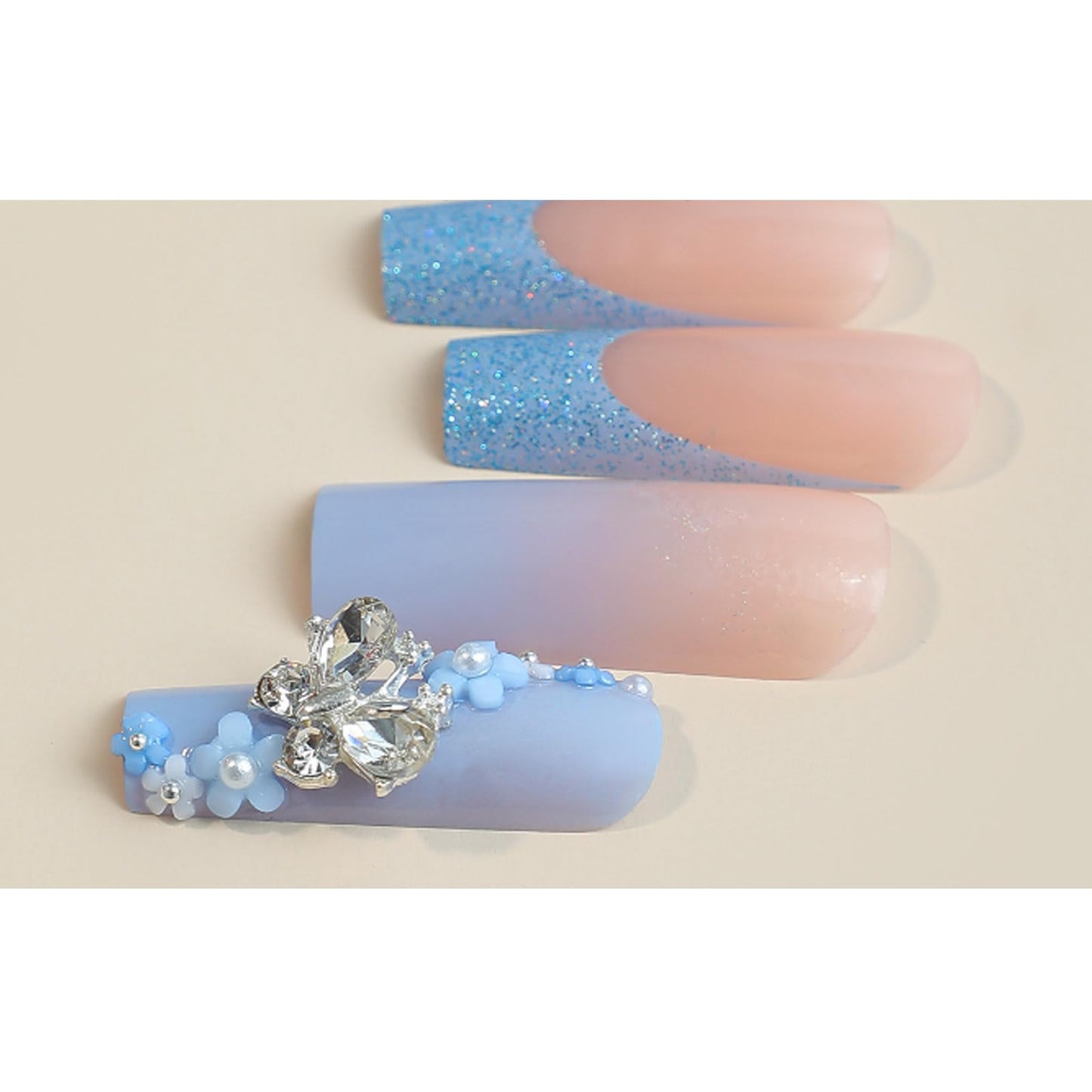 Hkanlre Long Press on Bling Nails Square Blue Fake Nails Tips Full Cover False French 3D flower Nails for Women and Girls 24PCS