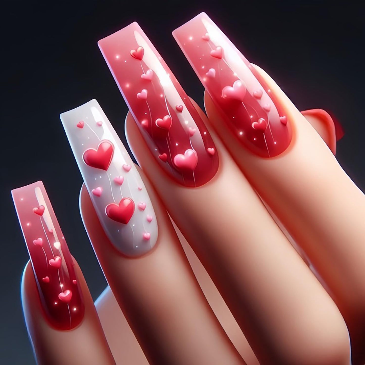 Valentine's Press on Nails Long Pink Red Love Heart Fake Nails Heart Design Full Cover Glossy Valentine's Acrylic Nails Artificial Coffin Nails Holiday Nails 24Pcs Stick on Nails for Women