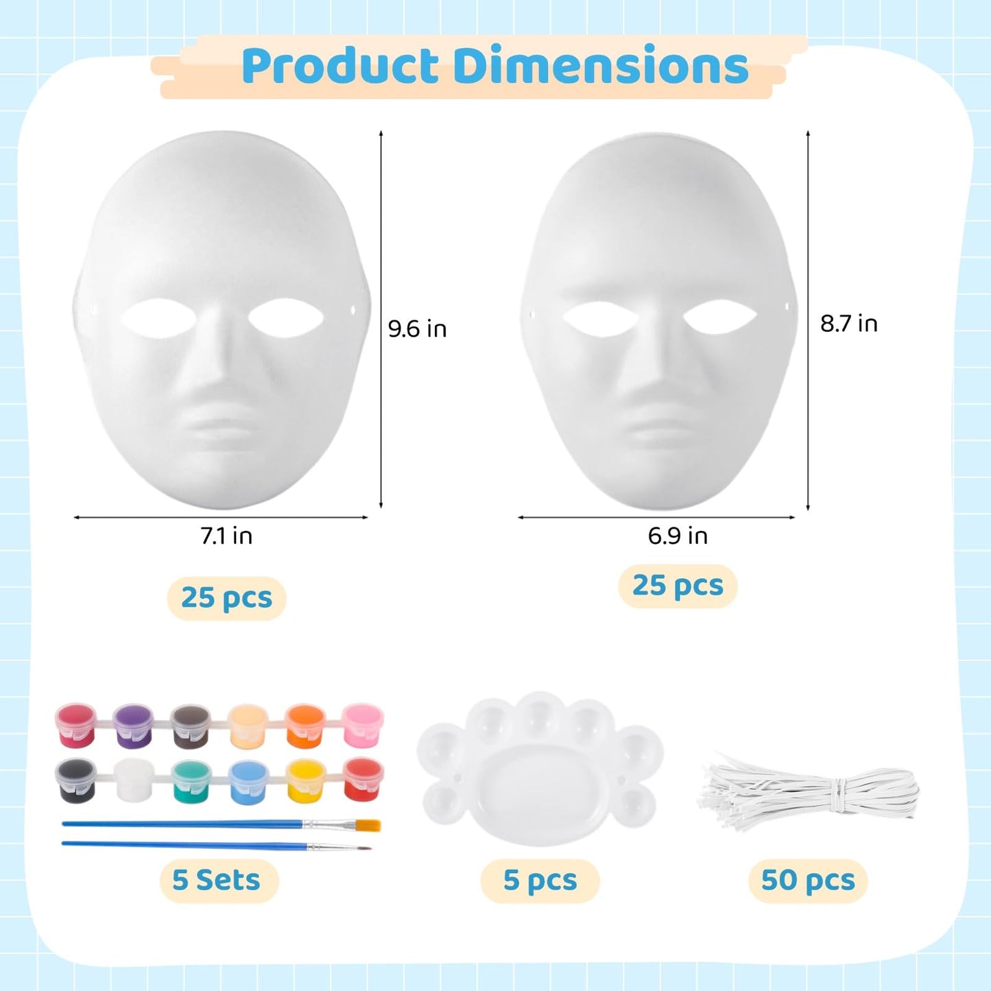 50 Pcs Paper Mache Masks, DIY Blank White Masks, Full Face Set with 5 Paint Sets & Palettes, 25 Male & 25 Female Paintable Masks for Halloween, Masquerade, Craft Projects