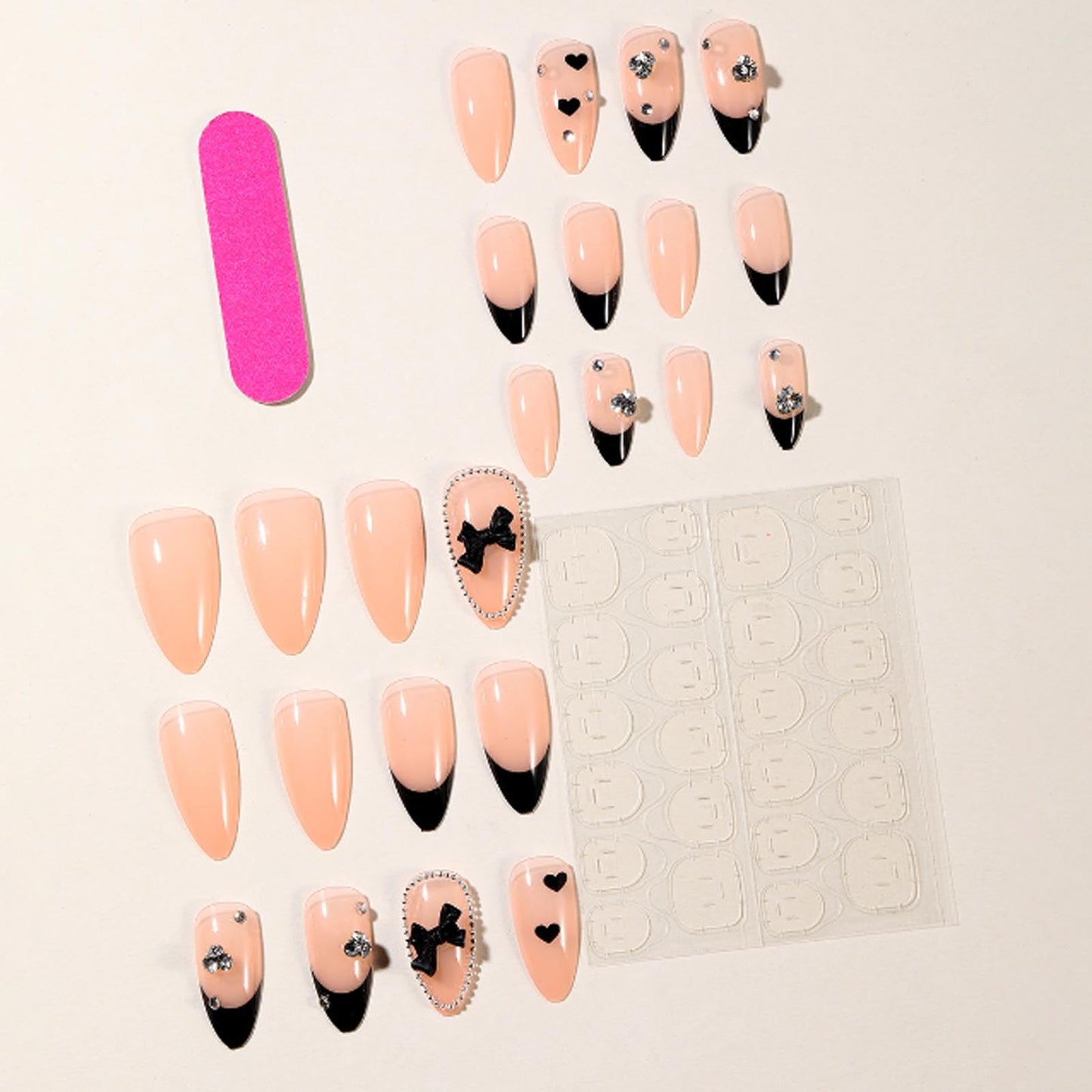 Hkanlre Medium Press on Nails Almond Tips Full Cover Fall Black False Nails Medium Nude Fake Nails for Women 24PCS