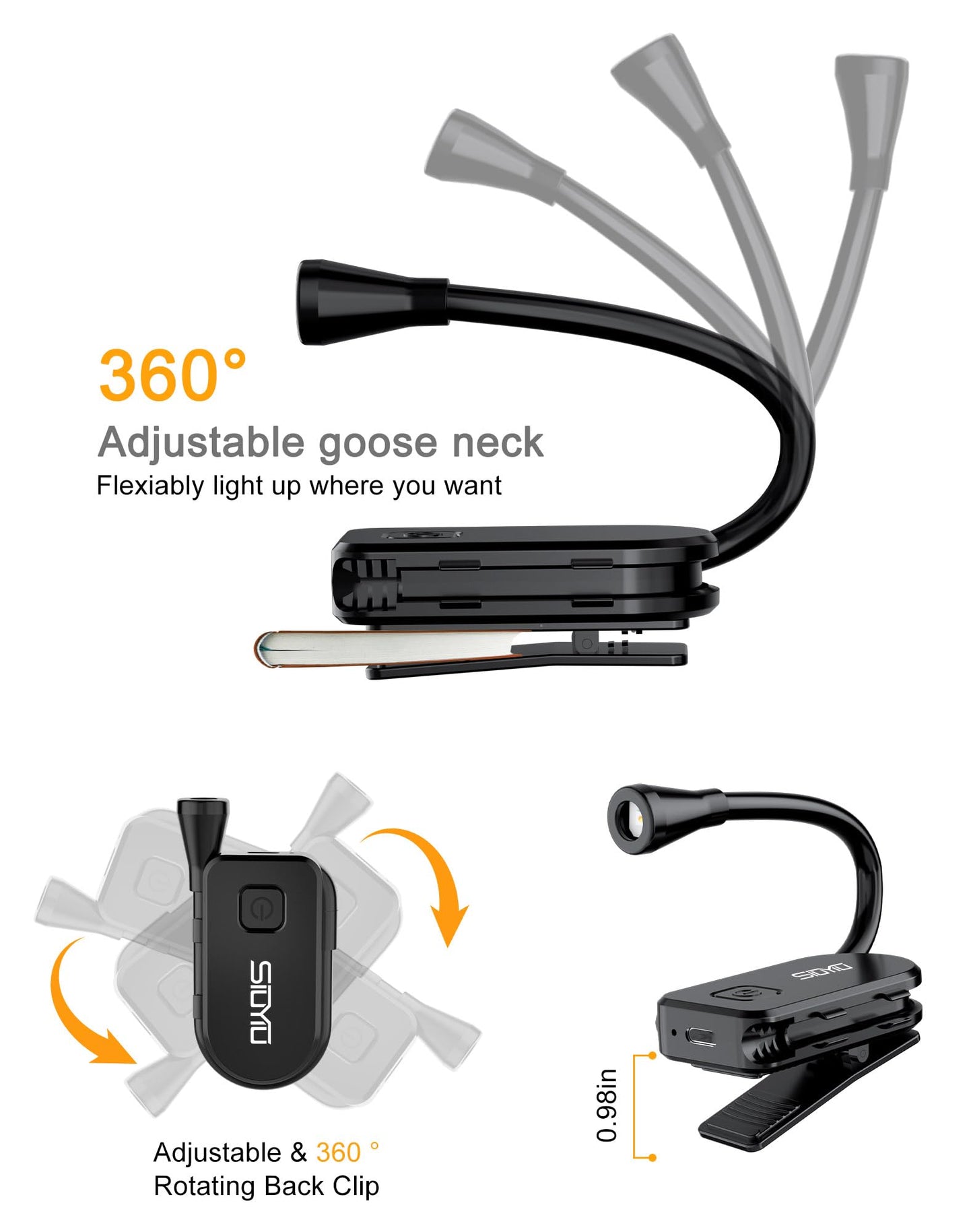 Siuyiu Extendable Book Lights for Reading at Night, Rechargeable Clip on LED Reading Light - 3 Color Temperatures with Stepless Dimming, 80 Hrs Runtime Lightweight Clip on Light for Book Lovers