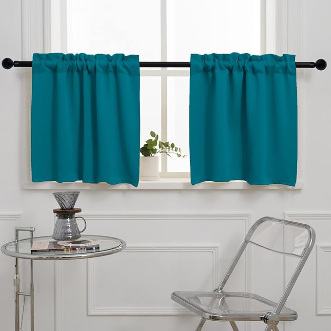 Pickluc Teal Cafe Curtain (Half Window) 36 Inches Length, Rod Pocket Small Kitchen Curtain, Short Blackout for Small Window, 30" Wide and 36" Long, 2 Panels
