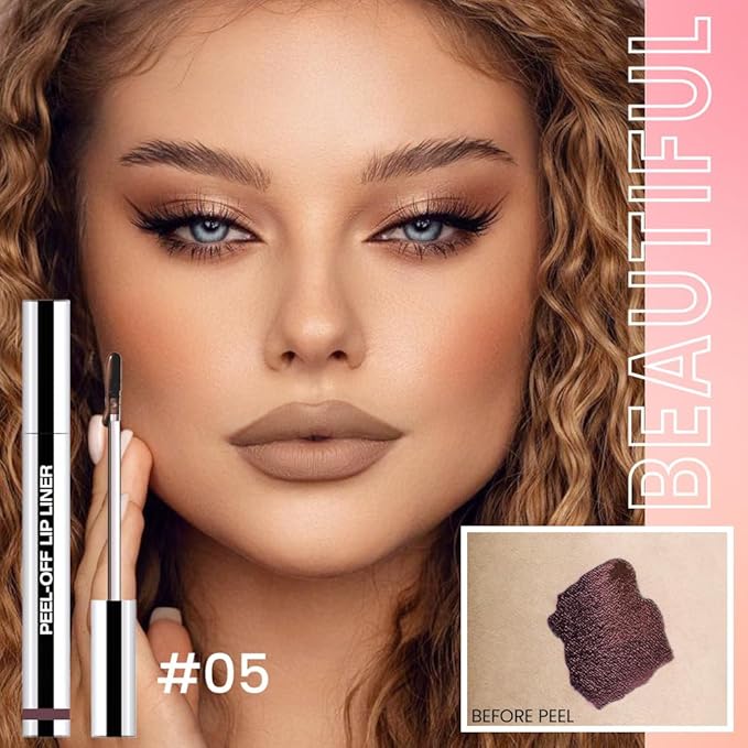 Matte Lip Stain Peel Off Lip Liner, Dark Brown Peel Off Lip Stain Tattoo,Long Lasting & Waterproof Peel Off Lip Gloss Lip Liner,Transfer-Proof All Skin Types.0.12 fl oz #05