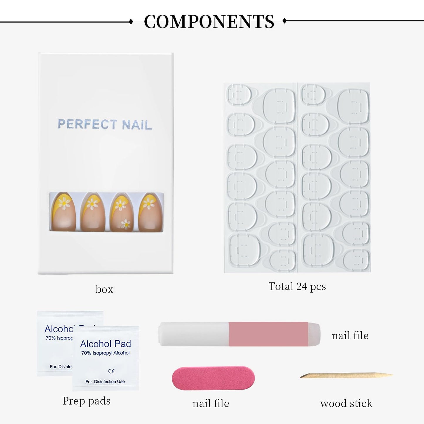 Yellow French Tip Press-On Nails with White Daisy Design, Almond Shape, Glossy Reusable Fake Nails, 24Pcs Full Cover Manicure Set