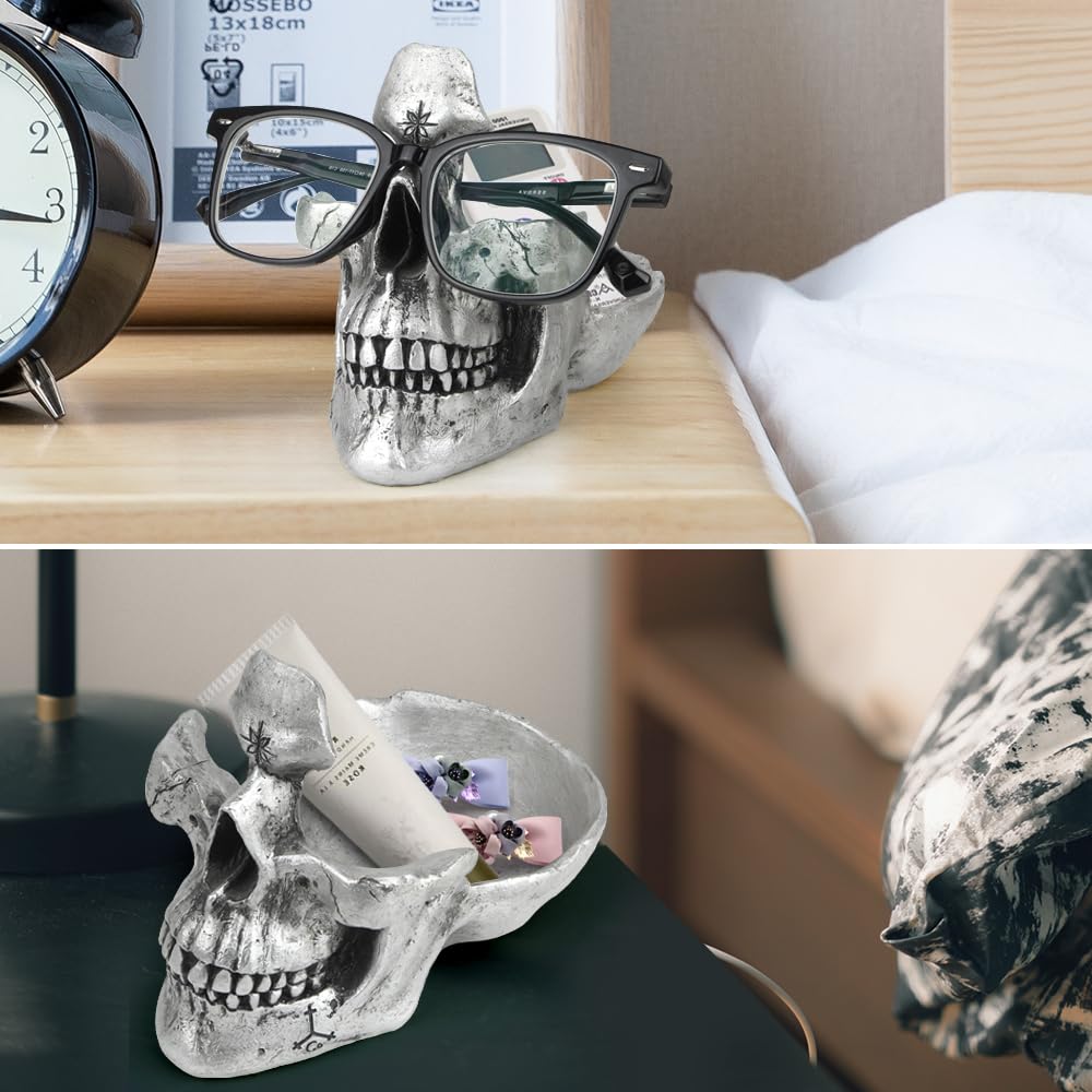 Mrlikale Skull Glasses Stand, Creative Eyeglasses Display Rack, Sunglasses Spectacle Holder, Key Holder Resin Sculptures for Entryway, Home, Office, Desk, Nightstand (Silver)