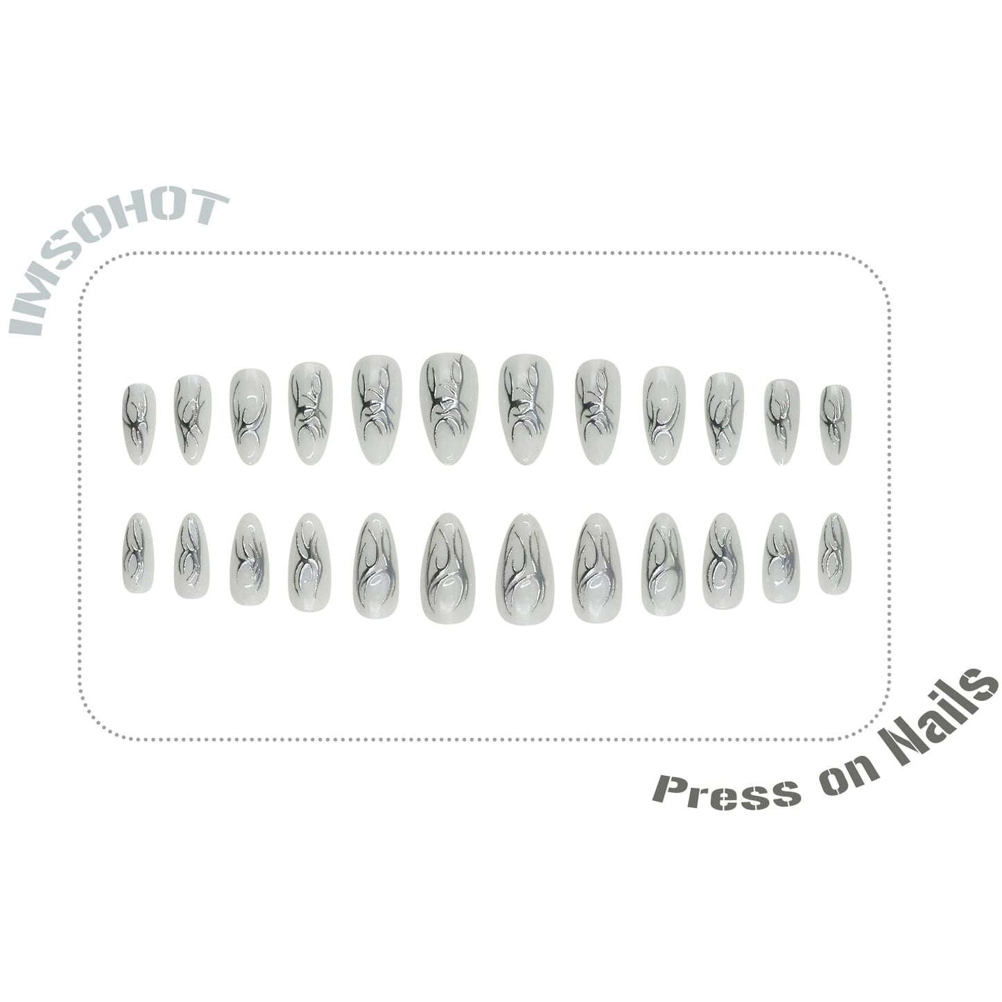 IMSOHOT White Press on Nails Medium Almond, Metallic Chrome Silver Totem Design, Full Cover Acrylic Glossy Gel Stick on Fake Nails Handmade Artificial False Nails 24Pcs