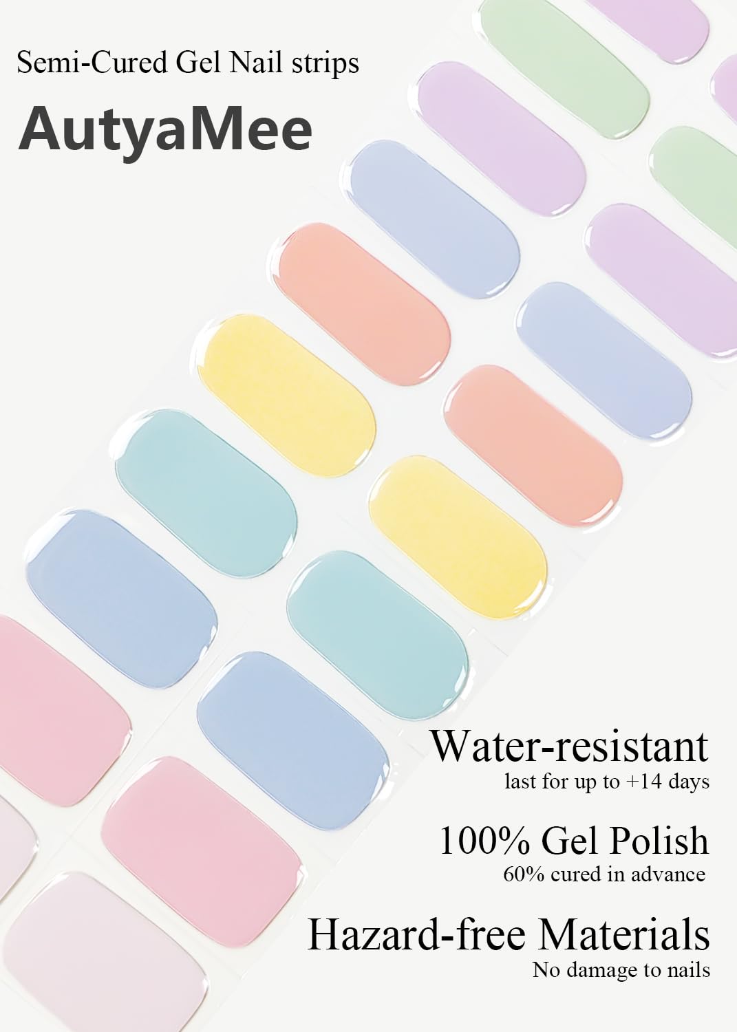 AutyaMee Semi Cured Gel Nail Strips (Colorful Sunshine), Macaroon, 20 Pcs Gel Nail Wraps, Stickers, UV Light Required, Salon Quality, Long Lasting